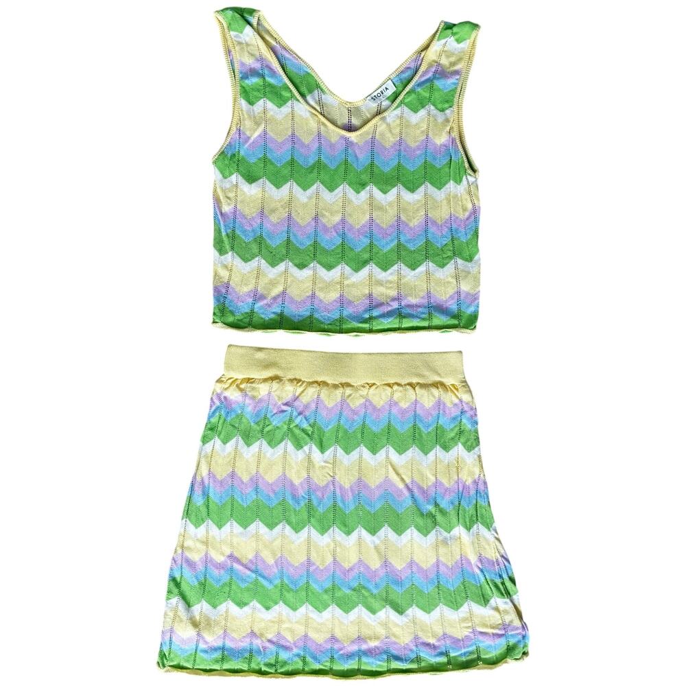 Storia Pastel Chevron Knit Two Piece Set Size Large Sleeveless Top & Skirt Y2K